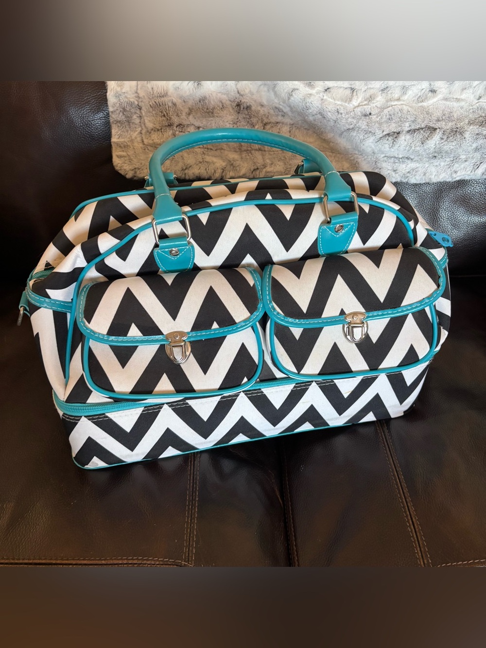 Chevron Travel Duffle Bag in Black, White & Teal
